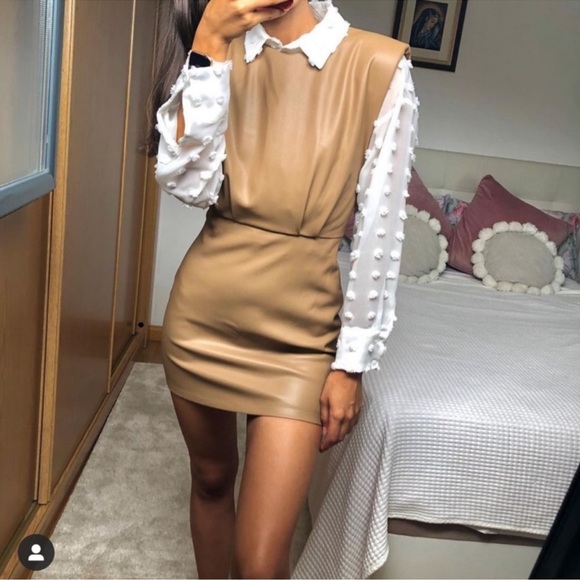 ZARA Faux Leather Padded Shoulder Mini Dress Womens Brown Sleeveless Size Large - Picture 5 of 15